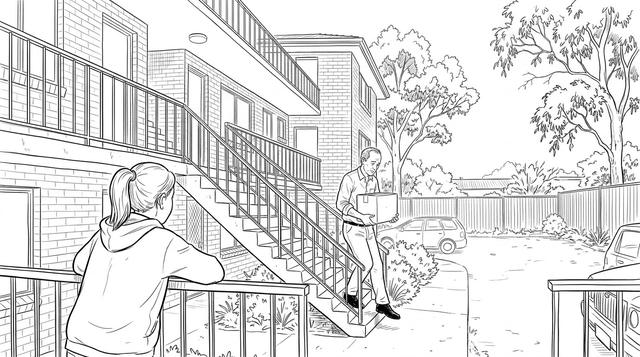 A man with a slight limp carries a box down the stairs of a strata block while a teenage girl watches from a balcony.