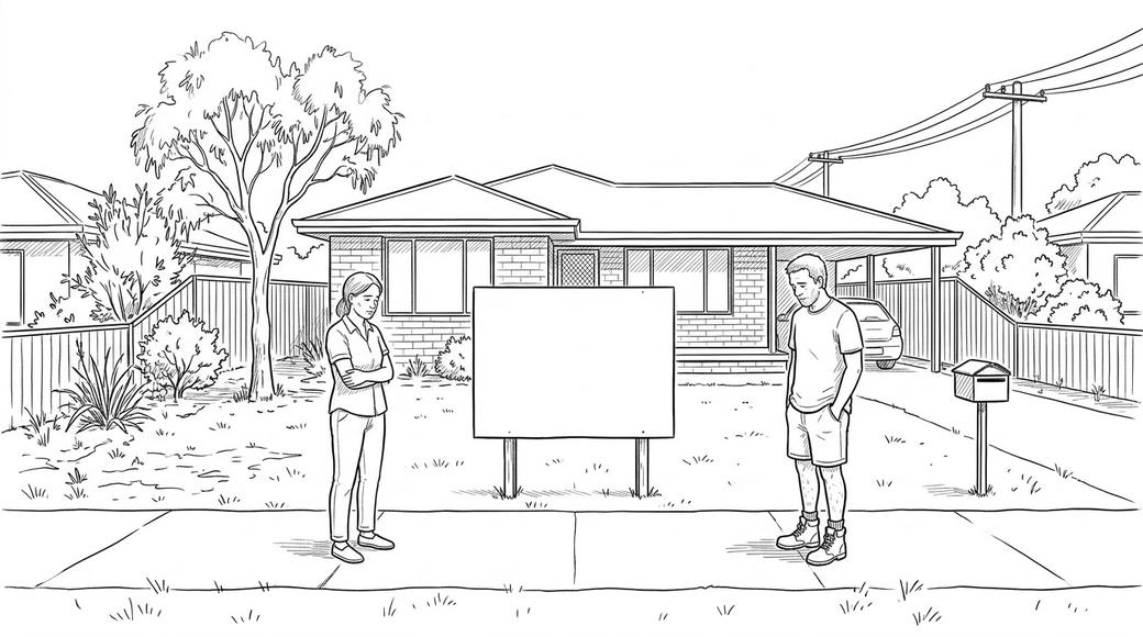 A man and a woman stand apart outside a brick house in Perth with a blank agent's board on the lawn.