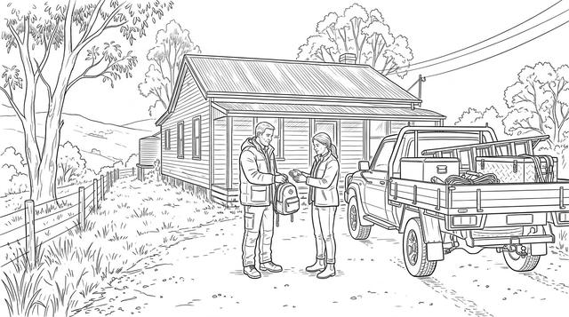 Two parents pass a school backpack between them beside a ute in a Tasmanian driveway.