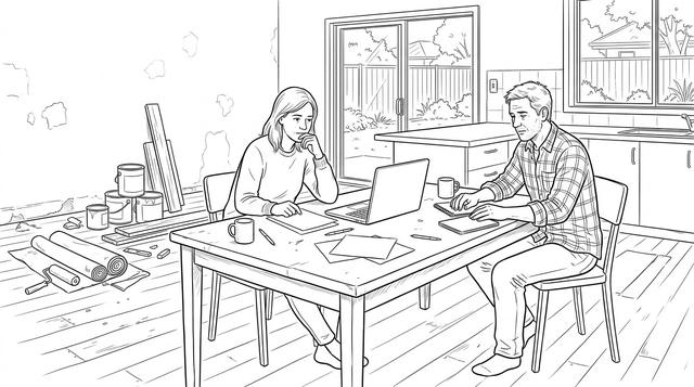 A couple sit apart at a kitchen table in a half-renovated house with a laptop between them.