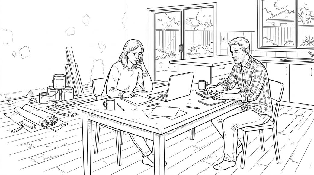 A couple sit apart at a kitchen table in a half-renovated house with a laptop between them.