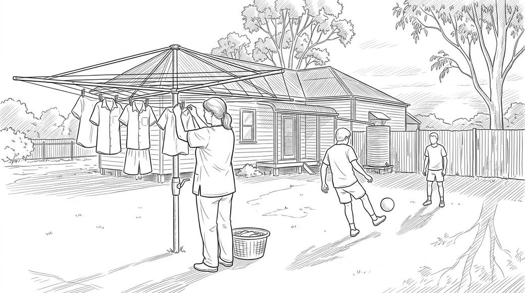 A woman in a work uniform hangs washing in a small backyard while two teenagers, seen from behind, kick a ball.