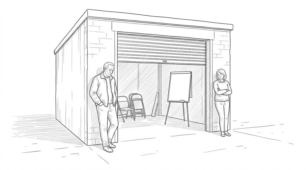 A man and a woman stand on opposite sides of the doorway of an empty commercial unit.