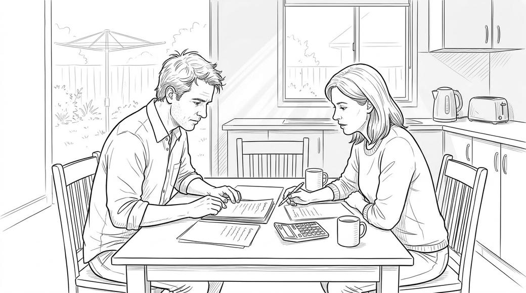 A man and a woman work through their papers together at a kitchen table