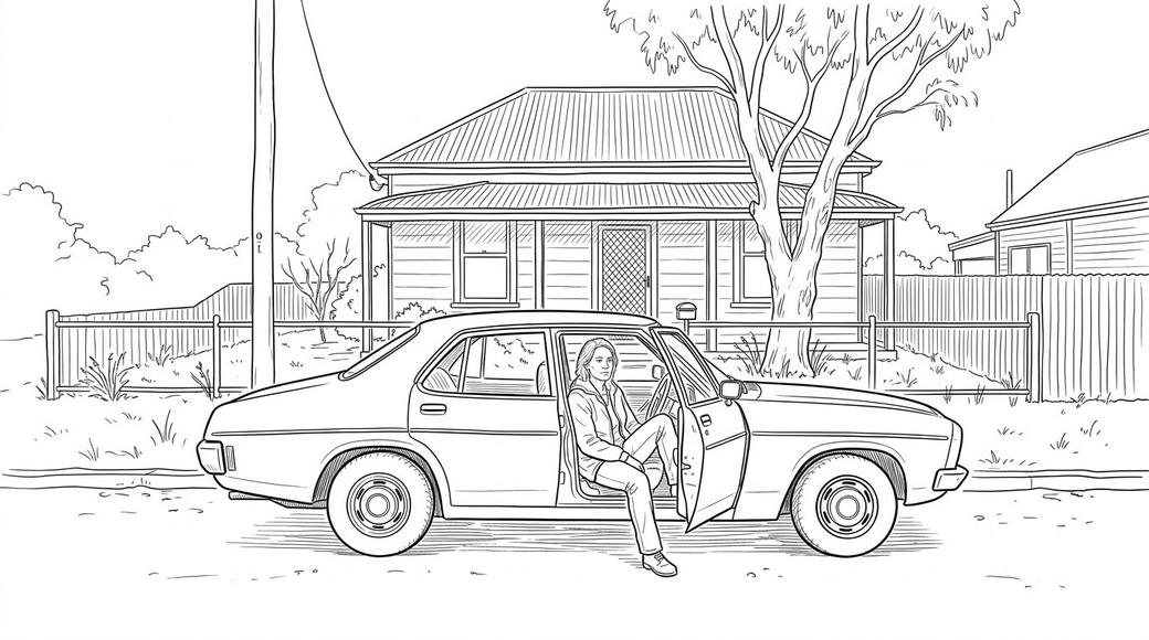 A woman sits in the open door of a well-kept older car outside a modest regional house.