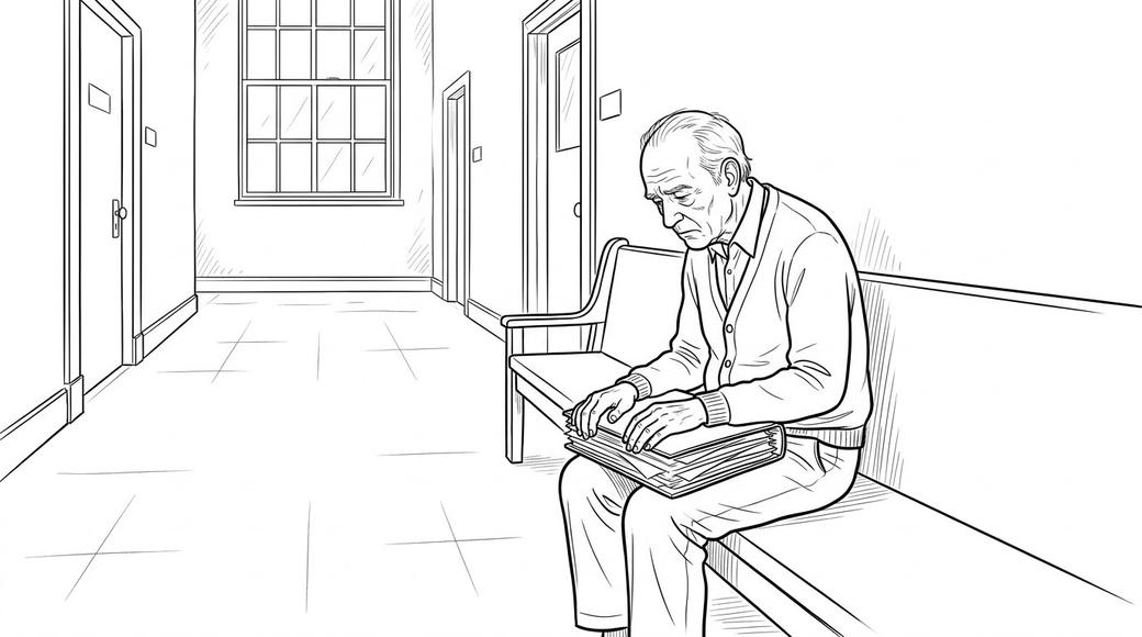 An elderly man sits alone in a court corridor holding a folder of papers.
