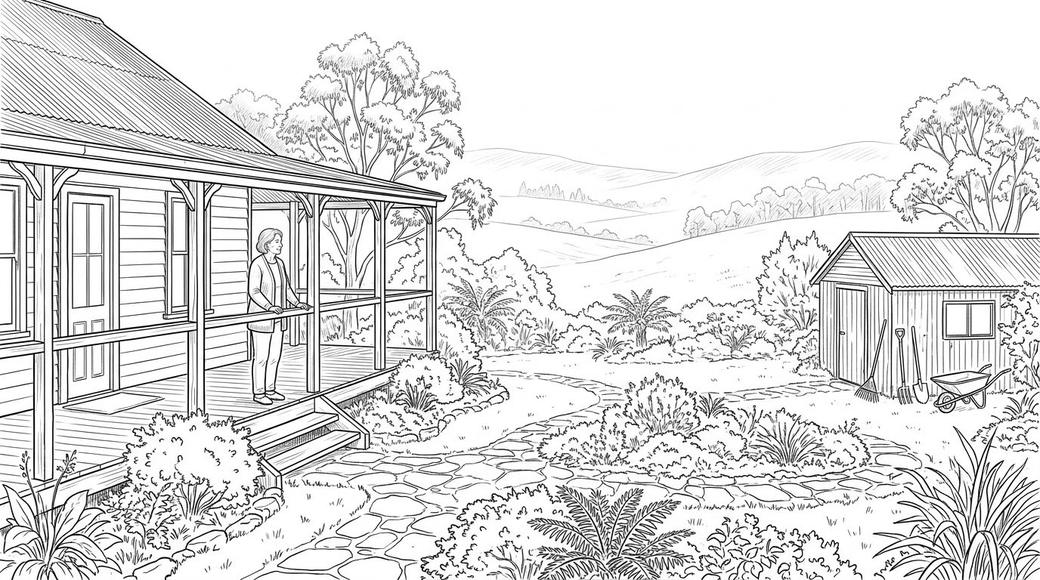 An older woman on a country verandah looks out over established gardens on a misty morning.