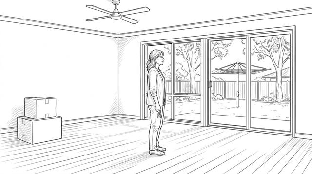 A woman holding keys stands in an empty, renovated living room.
