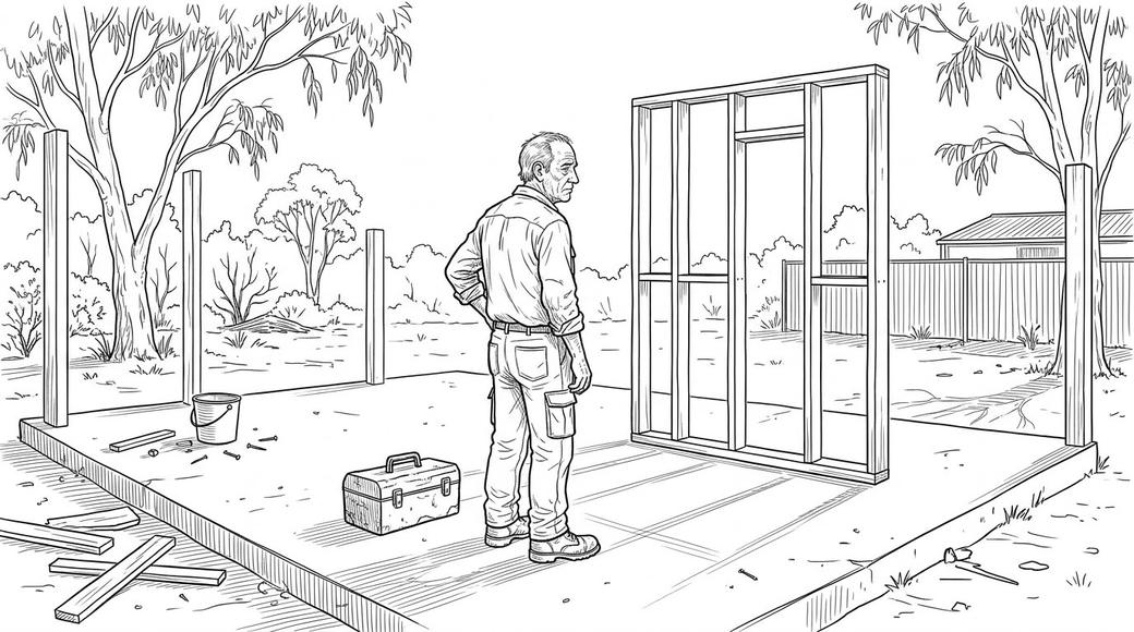 An older tradesman stands alone at an unfinished building site at dusk.