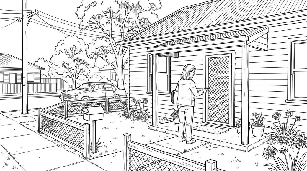 A woman unlocks the front door of a small, plain weatherboard house.