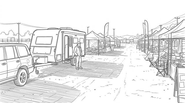 An older man stands beside a caravan at an emptying camping show at dusk.