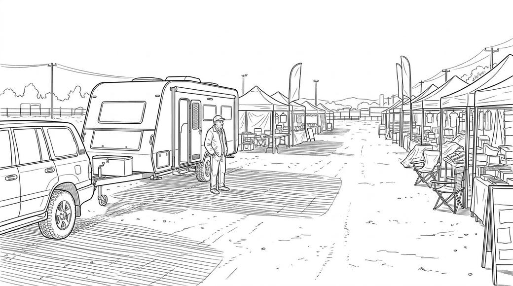 An older man stands beside a caravan at an emptying camping show at dusk.