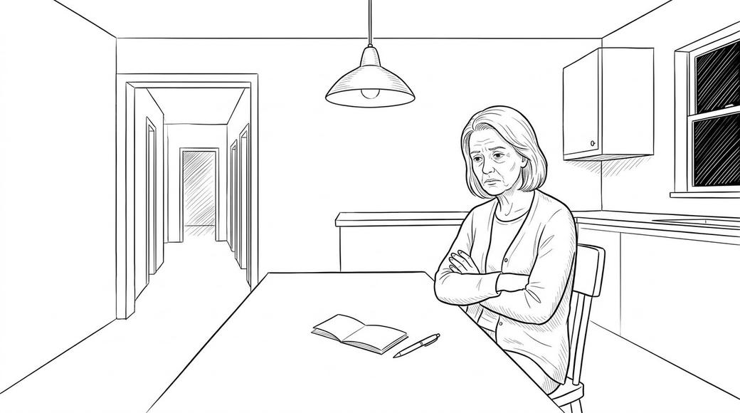 A tired woman sits at a kitchen table at night with a chequebook and pen pushed away from her.