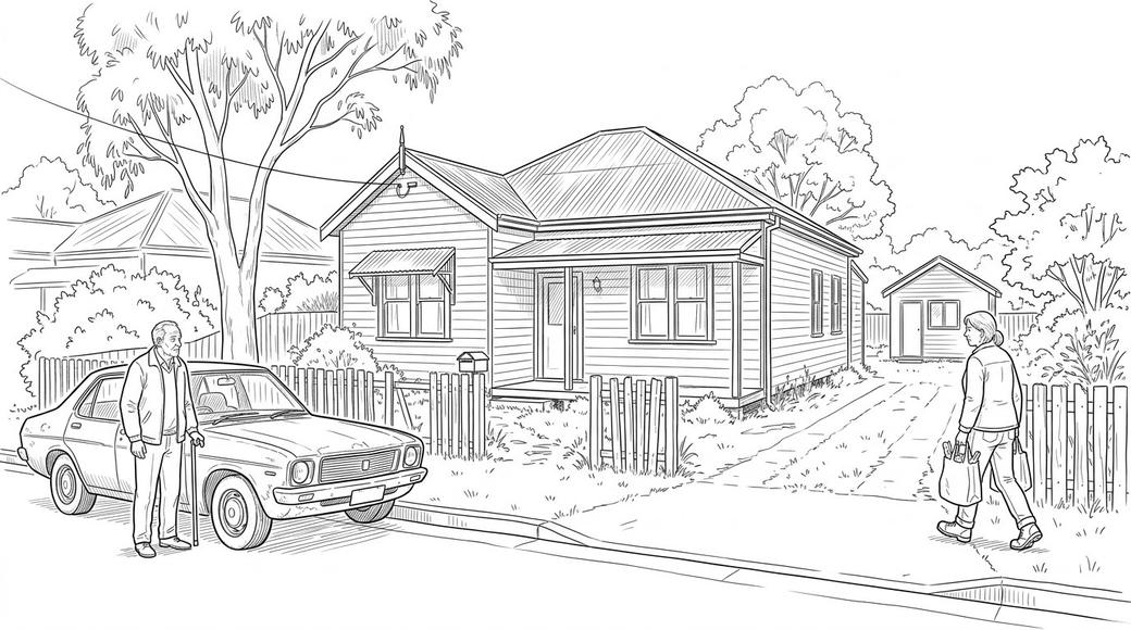 A modest house with a granny flat out the back, a woman on the side path and an older man waiting by the kerb.