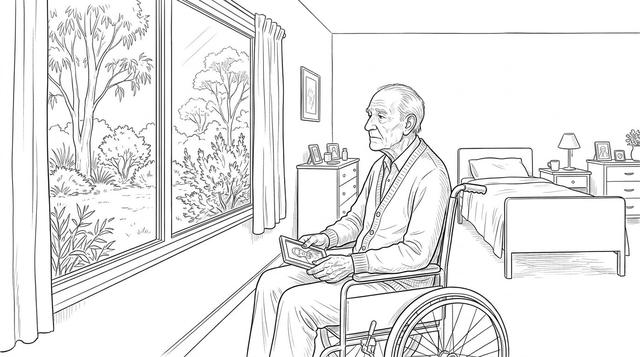 An elderly man in a wheelchair sits by the window of an aged care room holding a framed photograph.