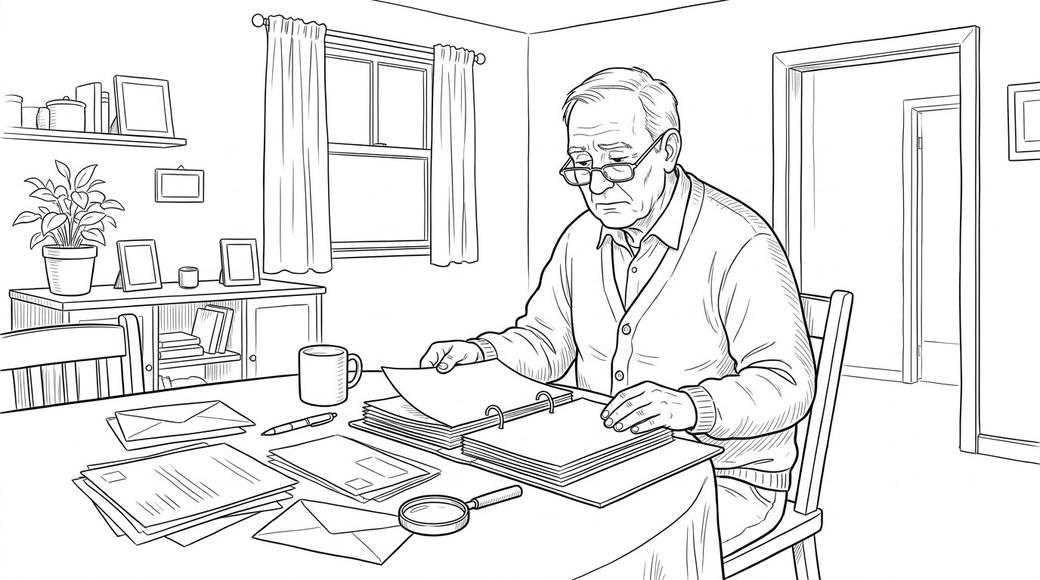 An older man in a cardigan reads through a thick binder of old bank statements at his dining table.