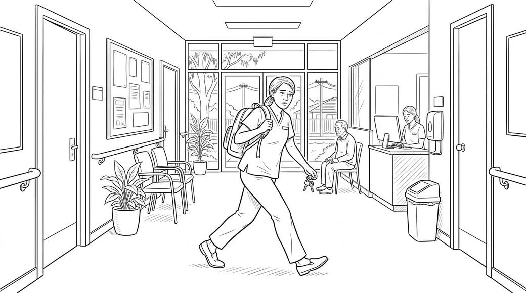 A mother in a work uniform hurrying out of a clinic corridor at the end of a shift.