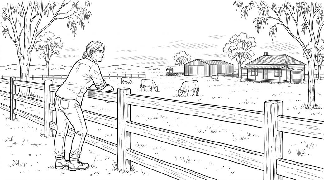 A woman leaning on a farm fence at dusk with livestock in the paddock and a truck parked by a distant shed.
