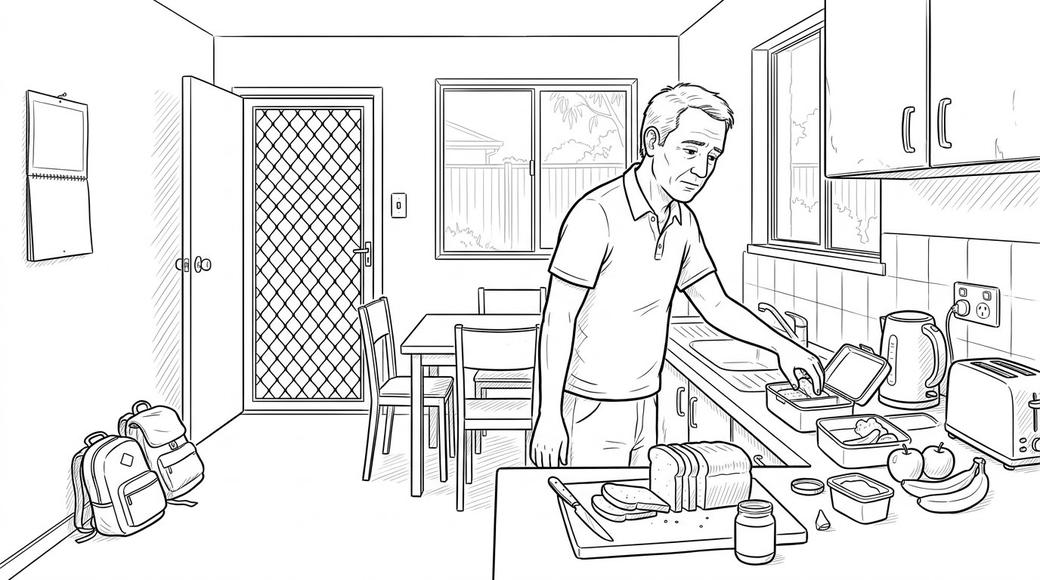 A father with an injured arm packing school lunches in a small rented kitchen early in the morning.