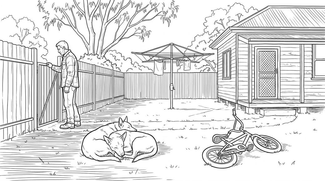 Two family dogs curled together on a backyard lawn, watched by a man standing at the side gate.