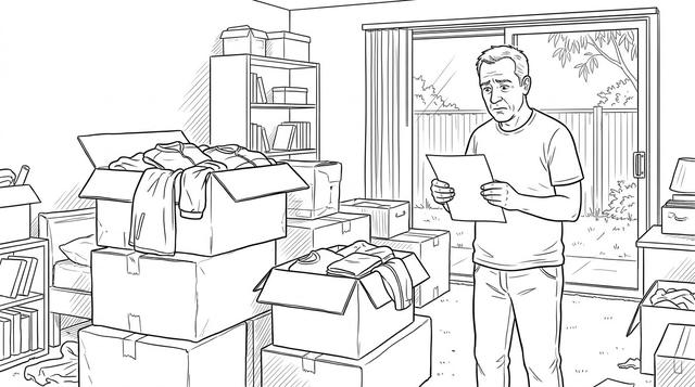 A man looking at a bank statement beside boxes of unsold sports clothing in a spare room.