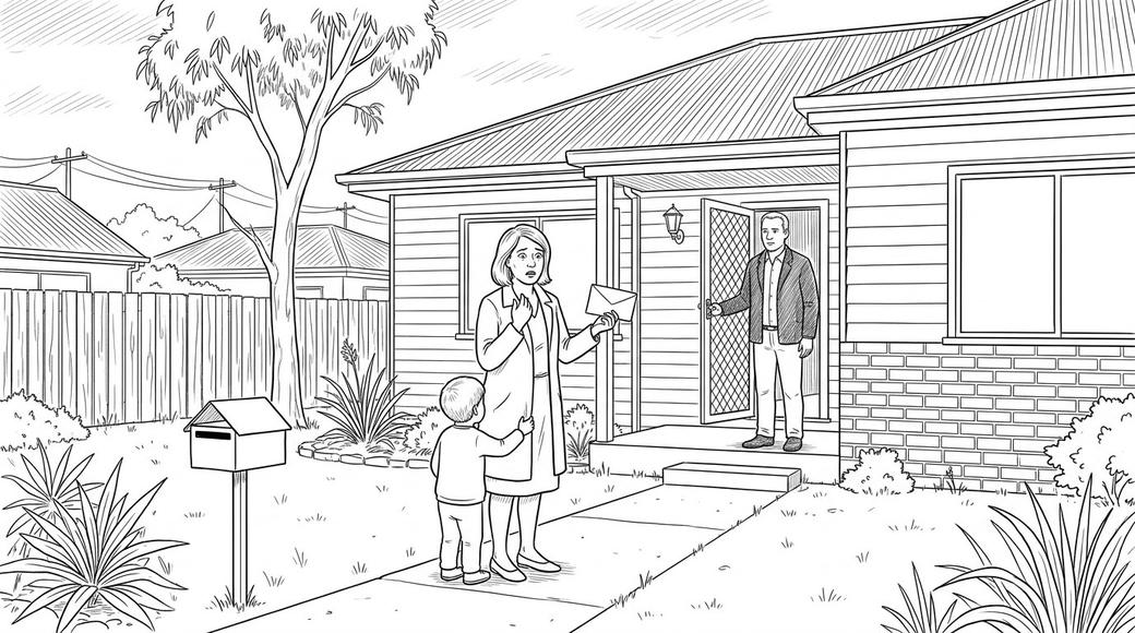 A woman on her front path holding an envelope just handed to her at the door.