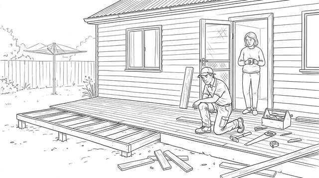 A tradesman works on a half-built deck behind a suburban house while a woman watches from the back door.