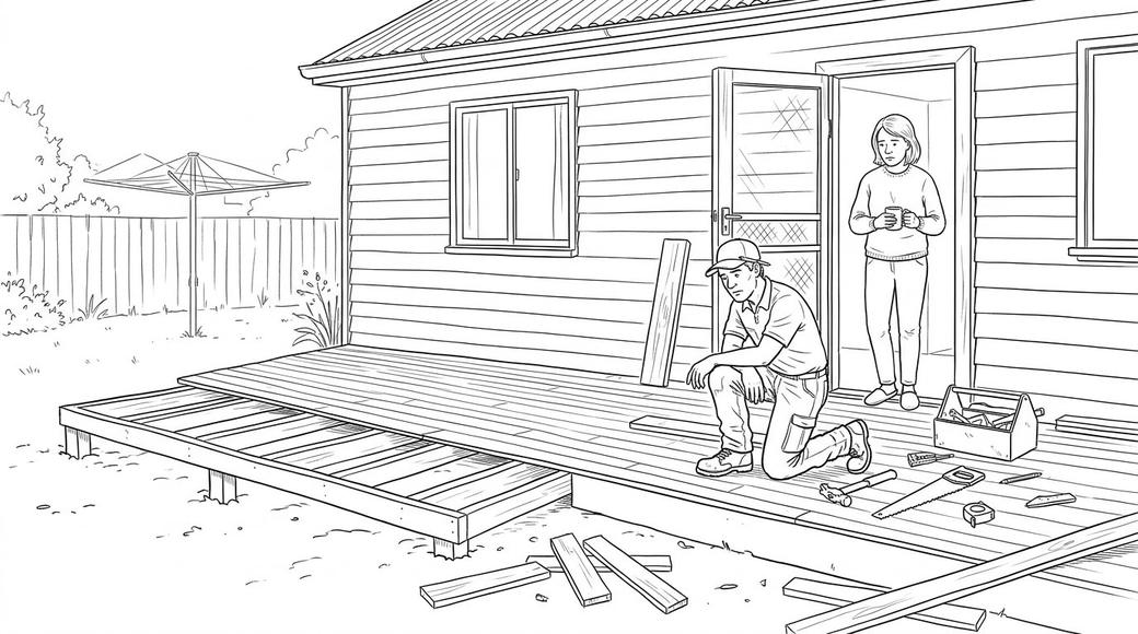 A tradesman works on a half-built deck behind a suburban house while a woman watches from the back door.