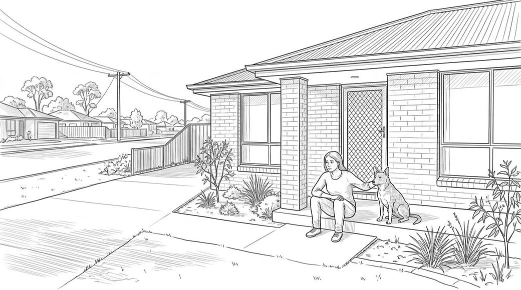A young woman sits on the step of a small new house with her dog beside her, looking tired and thoughtful.