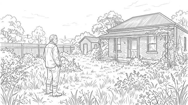 An older man stands in the garden of a weathered brick house with a small cabin behind it, looking serious.