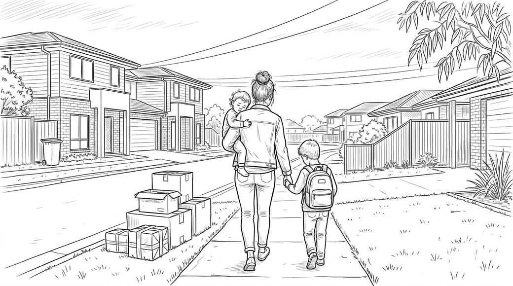 Seen from behind, a young mother carrying a toddler and holding an older boy's hand walks towards rental townhouses, with packed boxes at the kerb.