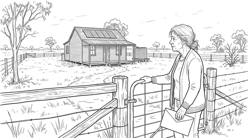 An older woman stands at the gate of a small rural cottage holding an envelope, looking at the house.