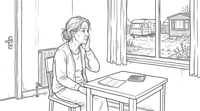 A woman in her fifties sits at a table with a letter and a calculator, looking out a window, tired and resigned.