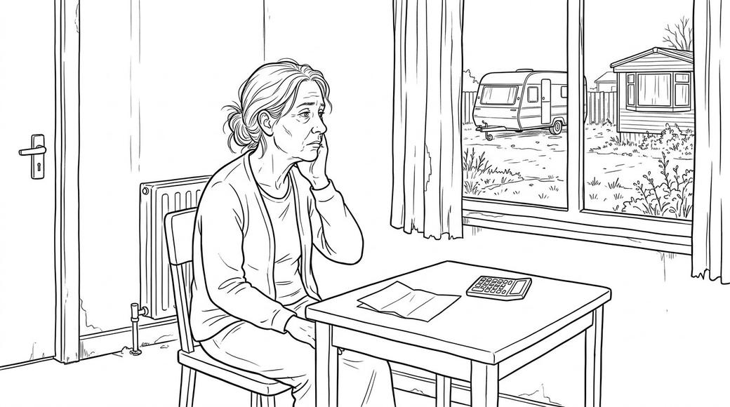 A woman in her fifties sits at a table with a letter and a calculator, looking out a window, tired and resigned.