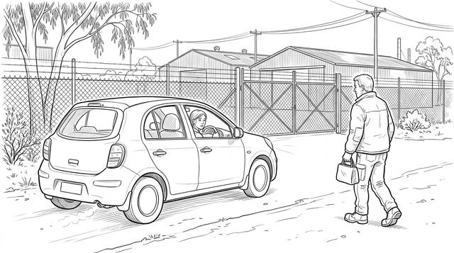 A young woman in a small car drops a man off at a factory gate before dawn.