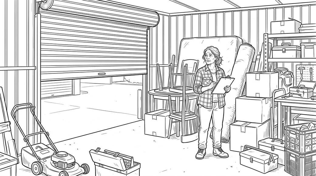 A woman with a clipboard stands in a storage unit full of furniture, tools and boxes.