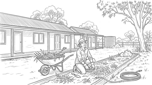 A woman gardening in front of a row of guest units on a rural property looks up at the buildings.