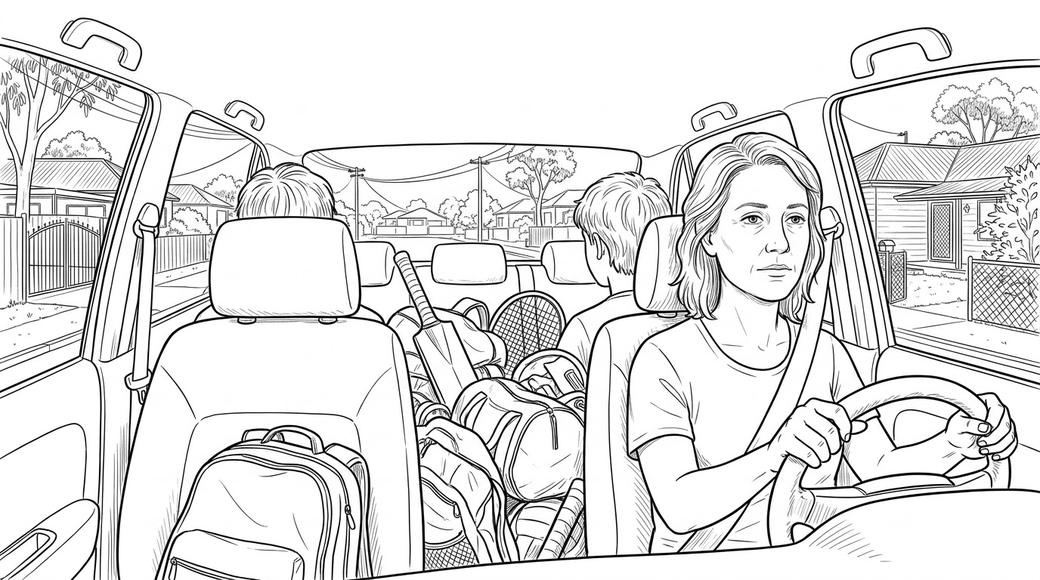A woman drives two teenagers home along a leafy street, their school bags piled in the back seat.