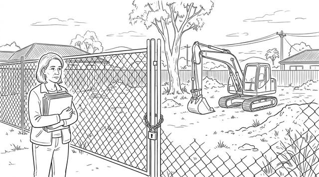A woman holding a folder of papers looks through a wire fence at an empty development block with a parked excavator.