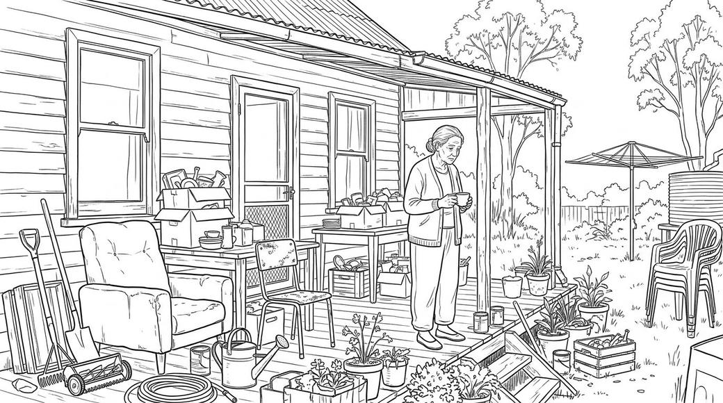 An older woman holding a cup of tea looks over a verandah crowded with second-hand furniture and boxes.