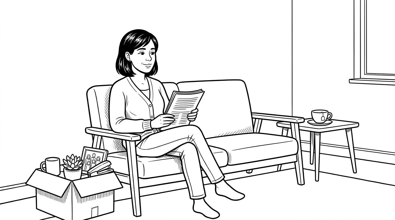 At home on the sofa reading the report, a box of desk things beside her