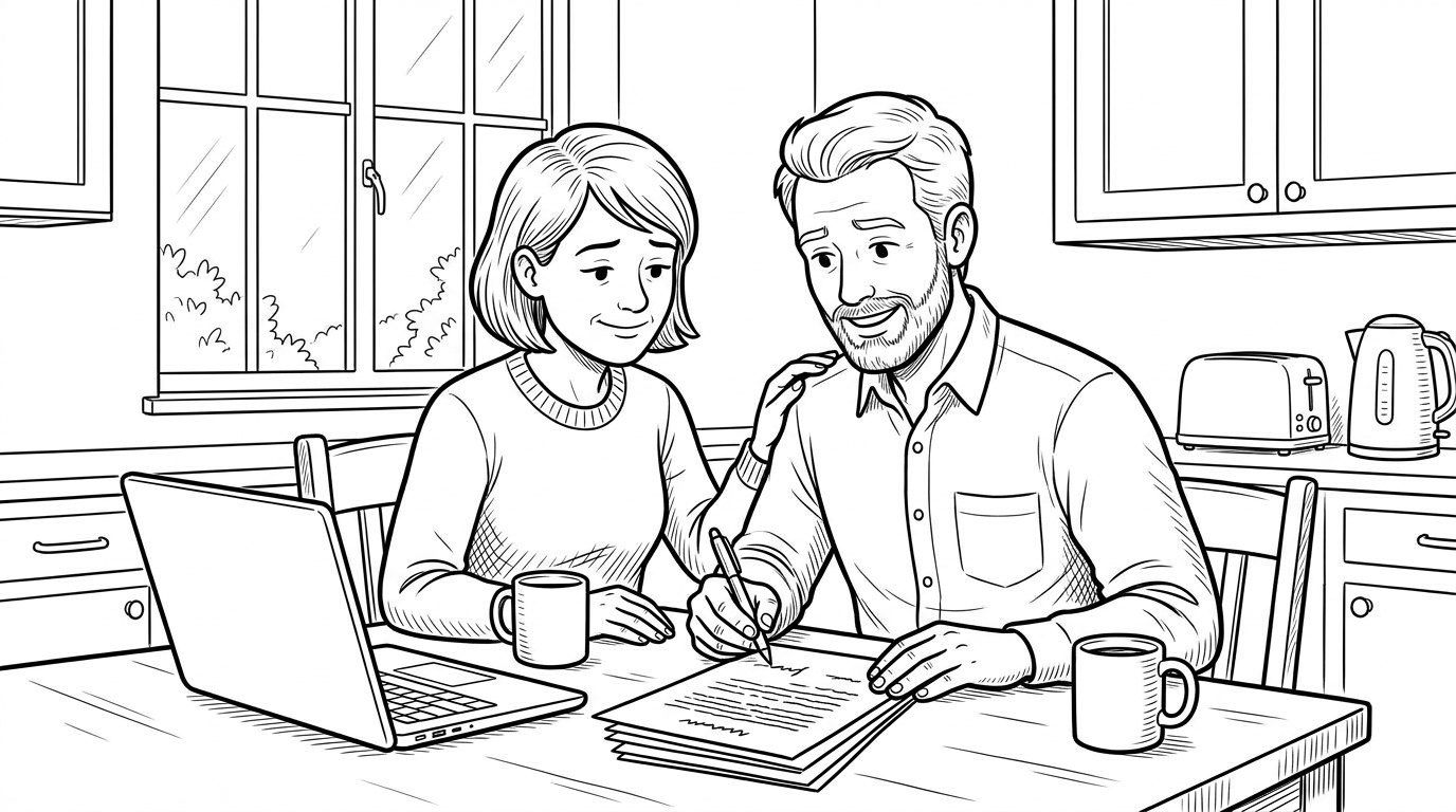A couple at their kitchen table, signing their agreement, relieved