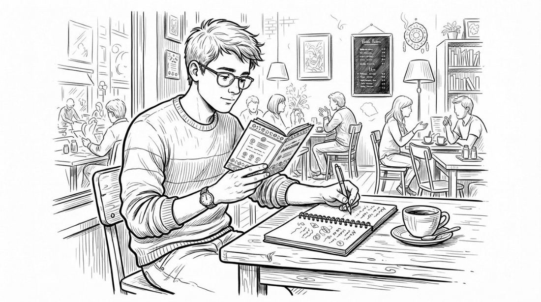 A man in a cafe reads a short guide and takes notes