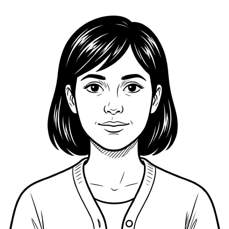 Claire, drawn in black-and-white line art