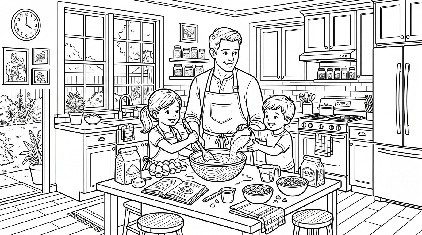 A parent and kids preparing a meal together