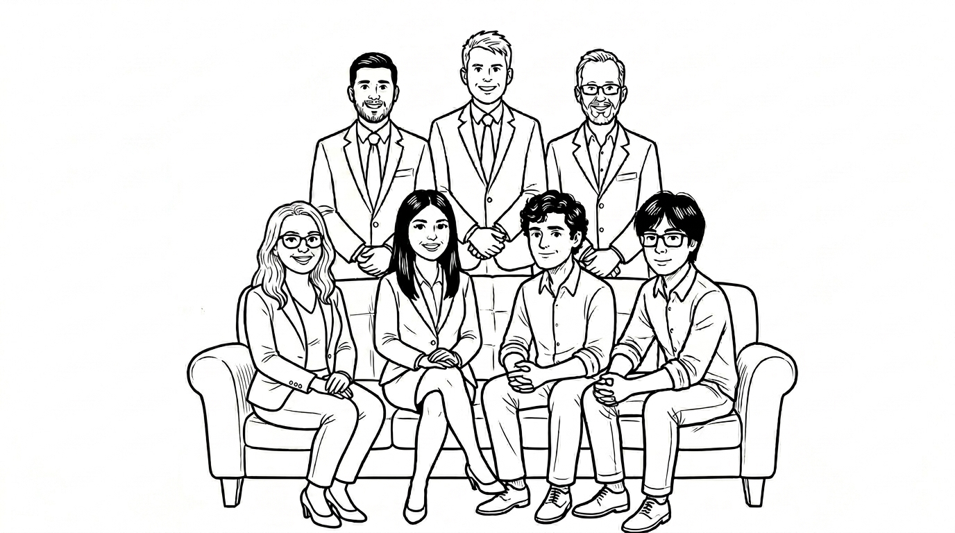 A cartoon-style illustration of people gathered around a table