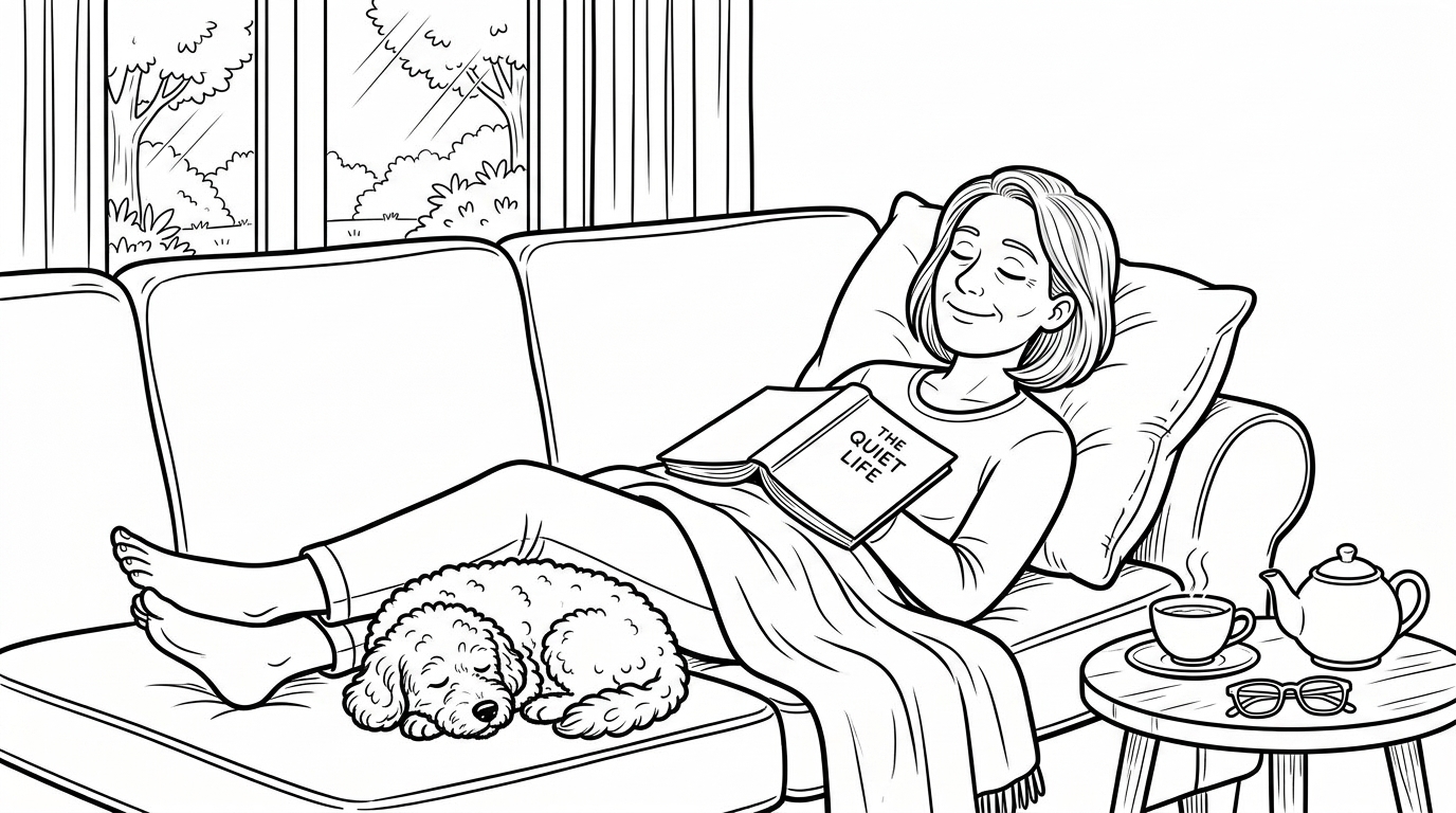 A person resting peacefully on the couch after finalising things