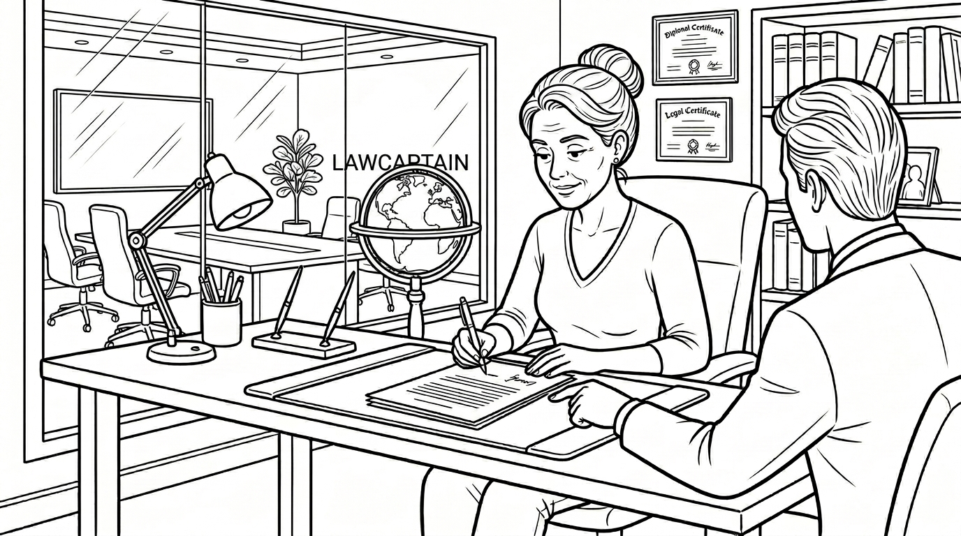A woman signing documents with her lawyer